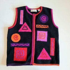 Vintage Marisa Christina 100% wool vest bright pink and purple geometric design.